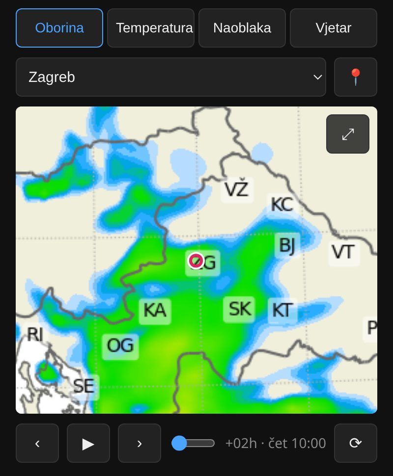 Aplikacija: karta oborine zumirana na Zagreb